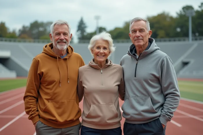 Trois anciennes légendes du sport posant ensemble sur une piste d'athlétisme, symboles de carrières marquantes dans l'histoire sportive