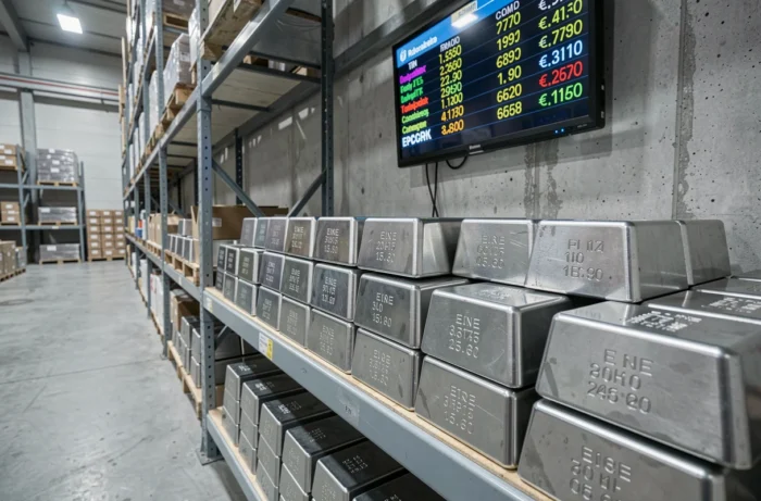 Lingots d'étain empilés dans un entrepôt industriel avec un tableau de cotations en euros affiché en arrière-plan