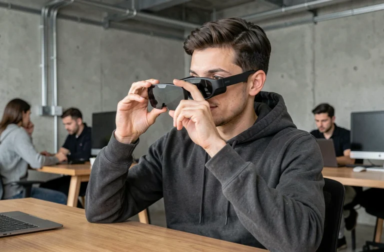 Jeune homme tenant des lunettes AR futuristes dans un espace de travail tech moderne, tendances high-tech 2024