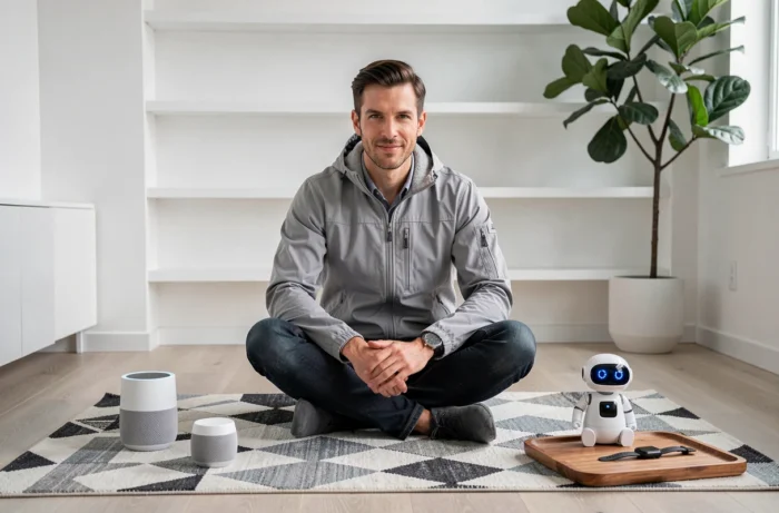 Homme entouré d'appareils de maison connectée et d'objets high-tech dans un salon minimaliste moderne