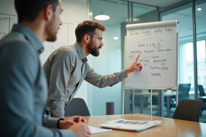 Manager expliquant le calcul d'un délai de prévenance devant un calendrier mural en salle de réunion