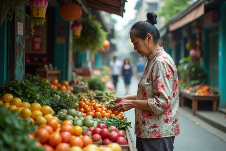 Vendeure locale arrangeant des fleurs de lotus dans un marché de ruelle authentique à Guangzhou, quartier de Liwan