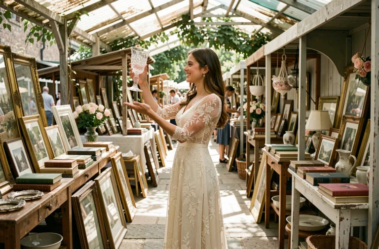 Mariée en robe de mariée vintage parcourant un marché aux puces pour décorer son mariage à petit budget