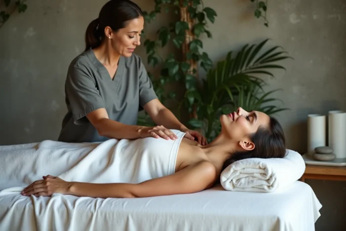 Séance de massage relaxant dans un centre de bien-être avec décoration végétale et murs en béton brut