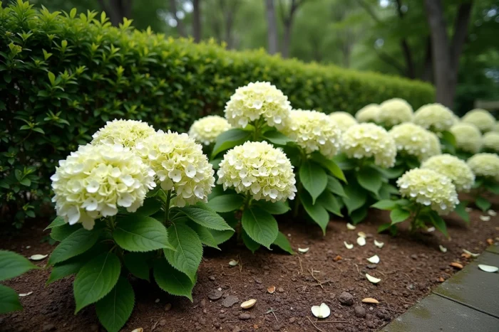 Massif d'hortensias blancs virant au vert en fin d'été dans un jardin, vue large montrant différents stades de verdissement des fleurs