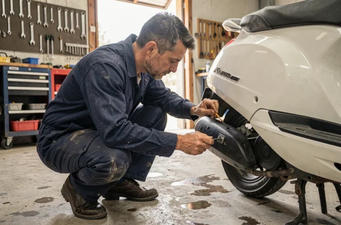Mécanicien examinant le mécanisme de verrouillage du coffre d'un scooter Kymco dans un garage