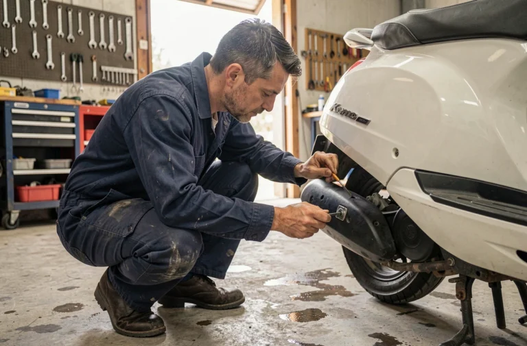 Mécanicien examinant le mécanisme de verrouillage du coffre d'un scooter Kymco dans un garage