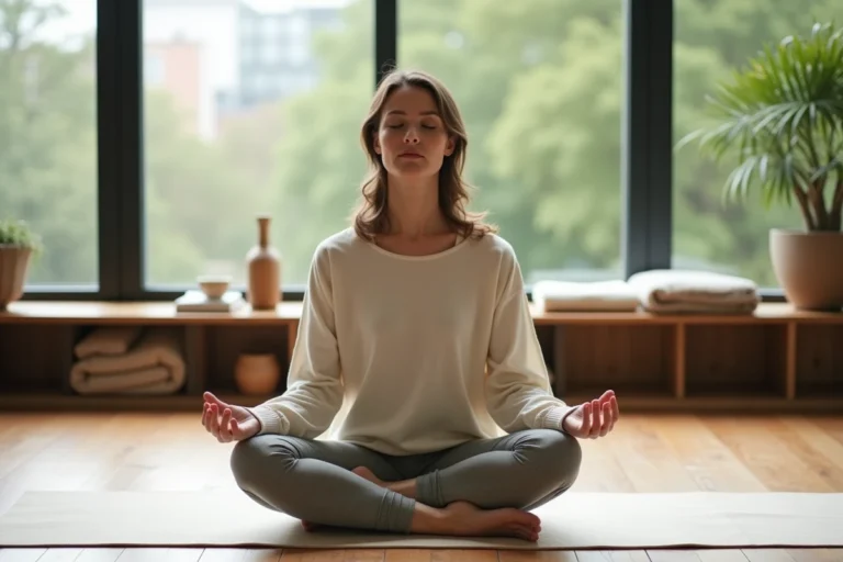 Femme pratiquant la méditation en position assise sur un tapis de yoga dans un appartement minimaliste avec vue sur la verdure