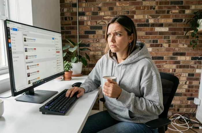 Membre d'un forum en ligne face à son écran affichant du contenu signalé, illustrant les responsabilités des utilisateurs sur les plateformes de partage