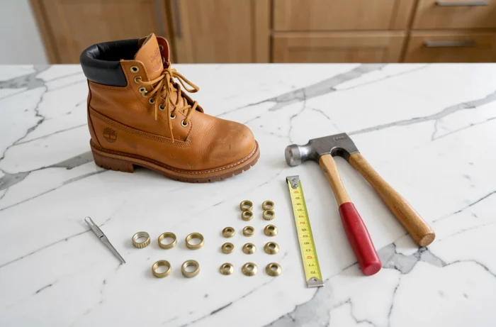 Pose à plat des outils et matériaux nécessaires pour remplacer les œillets d'une botte Timberland sur marbre blanc