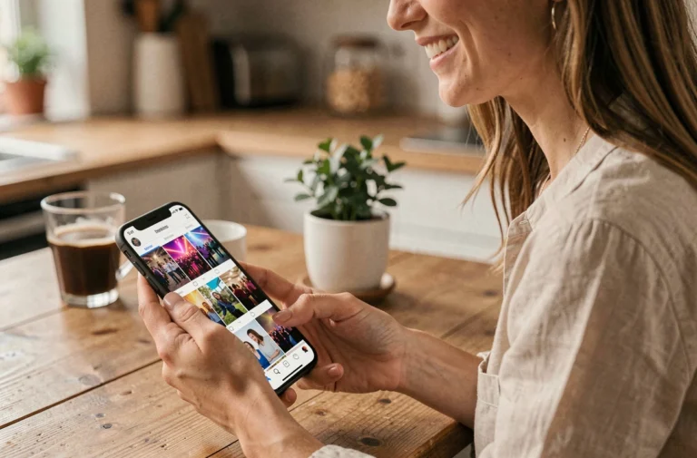 Femme partageant des photos d'événement depuis son smartphone via une application de galerie en ligne, assise dans une cuisine chaleureuse