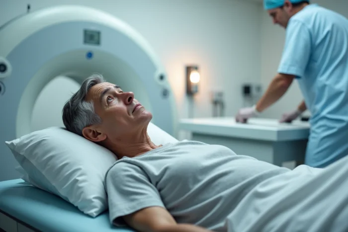 Patient allongé sur une table d'IRM après l'examen, regardant le plafond avec une expression pensive dans une salle de radiologie