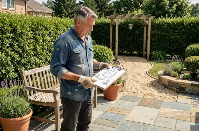Homme consultant un plan d'aménagement de jardin extérieur avec terrasse en pierre et banc en teck