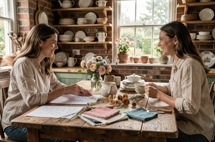 Deux femmes planifiant un mariage économique avec des objets de seconde main et des décorations DIY sur une table rustique