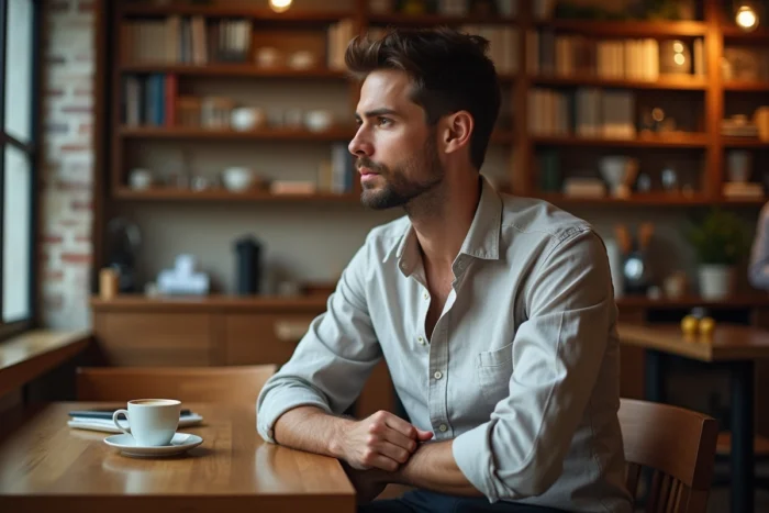 Portrait du compagnon de Caroline Munoz attablé dans un café parisien, regard pensif et attitude décontractée