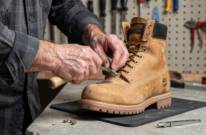 Mains masculines remplaçant un œillet en laiton sur une botte Timberland avec un poinçon et un maillet