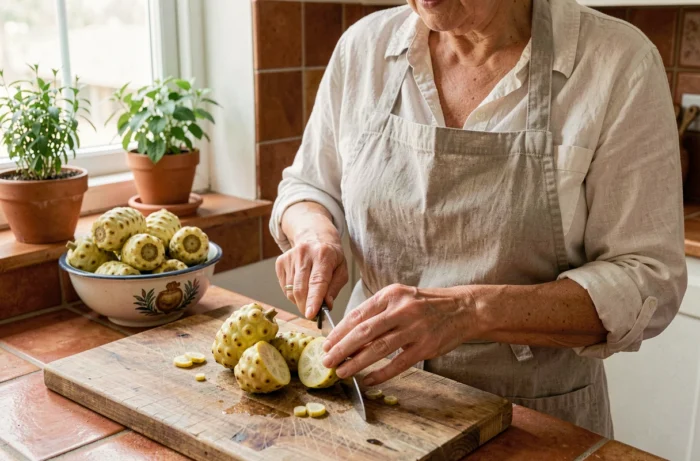 Femme préparant des fruits de noni frais sur une planche en bois dans une cuisine maison pour faire du jus de noni