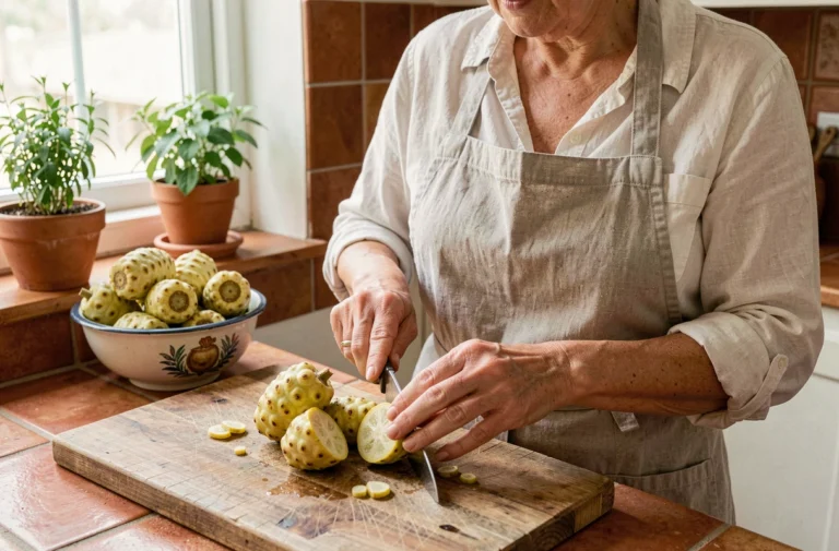 Femme préparant des fruits de noni frais sur une planche en bois dans une cuisine maison pour faire du jus de noni