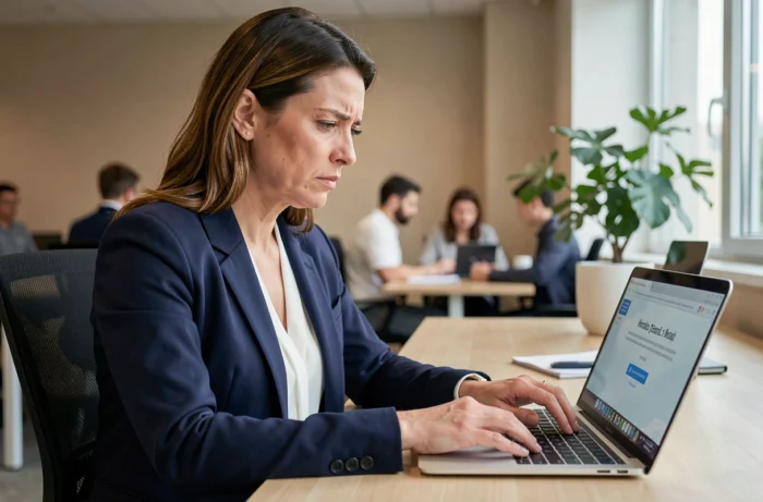 Femme dans un bureau moderne qui tente de résoudre un problème de connexion à son webmail sur un ordinateur portable