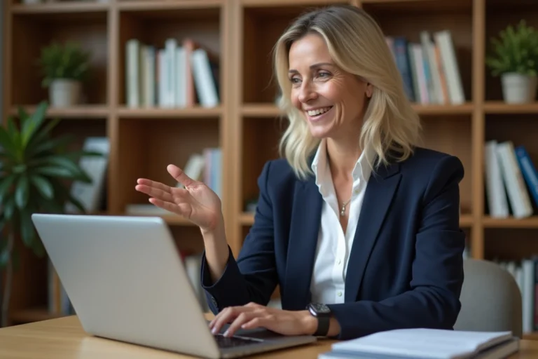 Professeure expérimentée donnant un cours en ligne depuis son bureau à domicile, illustrant les offres de formation de Professeur Debbie