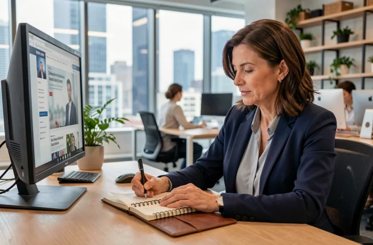 Professionnelle en blazer marine prenant des notes devant un écran affichant un site d'actualités business dans un bureau moderne en open space