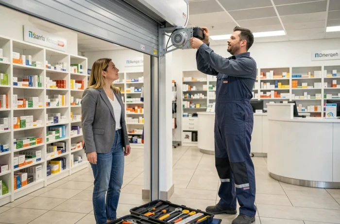 Propriétaire de pharmacie observant la réparation du moteur d'un rideau métallique intérieur