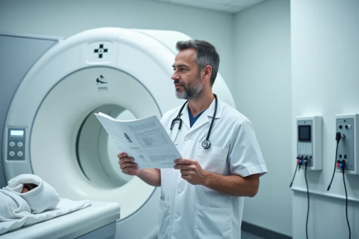 Radiologue masculin en blouse blanche expliquant les résultats d'une IRM dans une salle de radiologie moderne