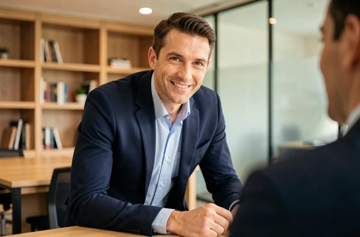 Commercial professionnel appliquant la règle des 4x20 lors d'un entretien de vente en bureau moderne
