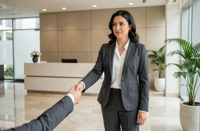 Femme d'affaires accueillant un client avec une poignée de main professionnelle illustrant la première impression dans la vente