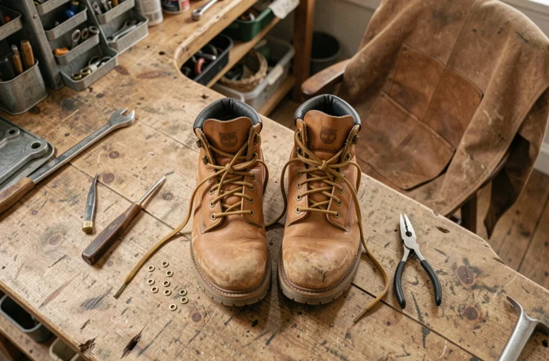 Boots Timberland usées posées sur un établi en bois avec des œillets en laiton et des outils pour les remplacer