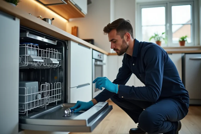 Technicien réparant le code erreur E15 d'un lave-vaisselle Bosch en inspectant le filtre et la pompe de vidange