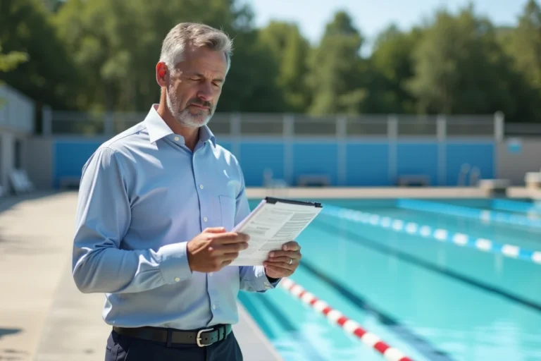 Responsable municipal examinant les règles de remplissage d'une piscine publique avec un presse-papiers au bord du bassin