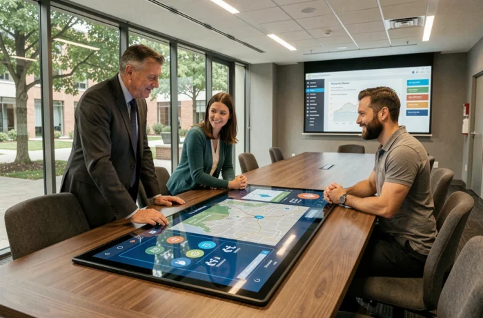Élus et agents territoriaux collaborant autour d'une table numérique interactive lors d'une réunion de collectivité locale