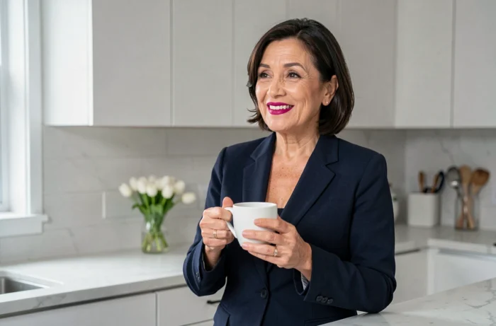 Femme élégante de 60 ans avec un rouge à lèvres framboise tenant une tasse de café dans une cuisine moderne