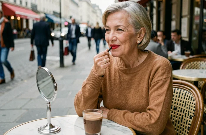 Femme mature en pull cachemire examinant son rouge à lèvres rouge vif dans un petit miroir à la terrasse d'un café parisien