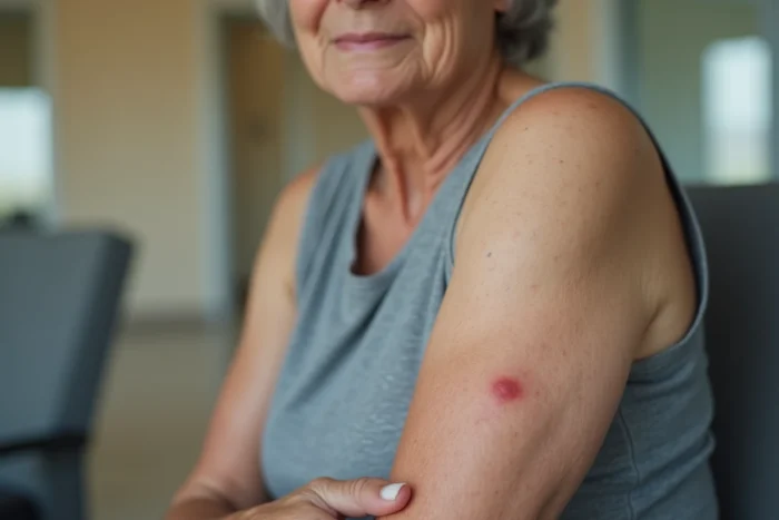 Gros plan sur le bras d'une femme montrant une rougeur légère au site d'injection du vaccin zona