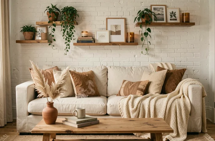Salon cocooning avec canapé en lin crème, plaids en laine et décorations naturelles en terre cuite pour une ambiance chaleureuse et apaisante