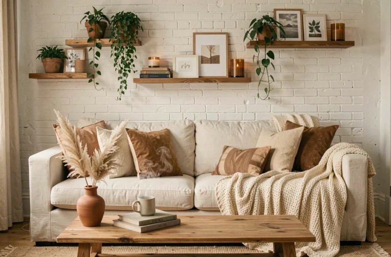 Salon cocooning avec canapé en lin crème, plaids en laine et décorations naturelles en terre cuite pour une ambiance chaleureuse et apaisante