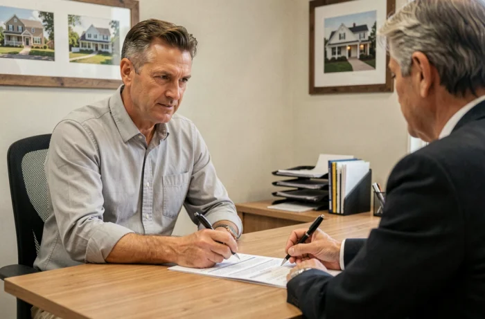 Homme signant un contrat de location dans une agence immobilière avec un agent