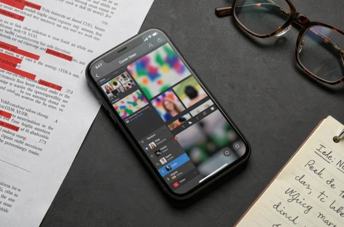 Vue aérienne d'un smartphone affichant une interface floue entouré de documents juridiques, évoquant les enjeux légaux et éthiques des applications controversées