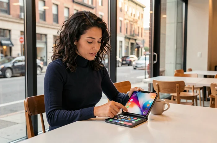 Femme utilisant un smartphone pliable dans un café urbain moderne, nouvelles technologies et tendances geek