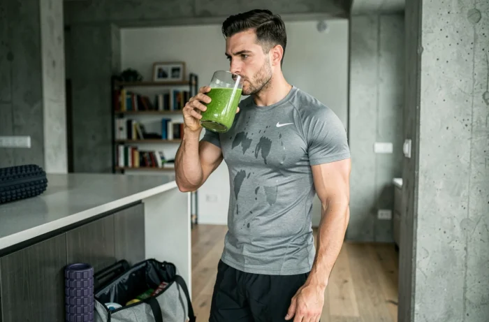 Sportif urbain buvant un smoothie vert protéiné après l'entraînement pour favoriser la récupération musculaire