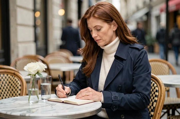 Femme élégante écrivant dans un journal sur une terrasse parisienne, alliance discrète et atmosphère de vie privée préservée