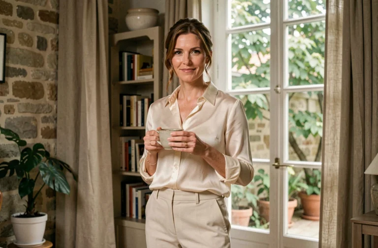 Sophie Jovillard dans un appartement parisien élégant, alliance dorée discrète au doigt, sourire pensif et tenue raffinée
