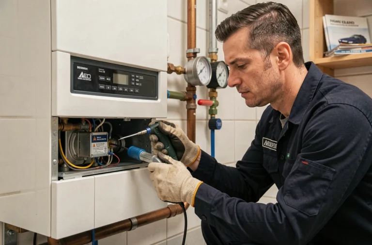 Technicien en chauffage inspectant une chaudière à gaz dans un appartement bruxellois avant l'hiver
