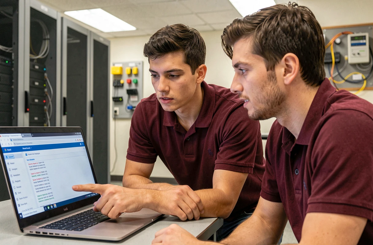 Technicien informatique aidant un collègue à résoudre un problème de connexion au webmail dans une salle de support IT institutionnelle