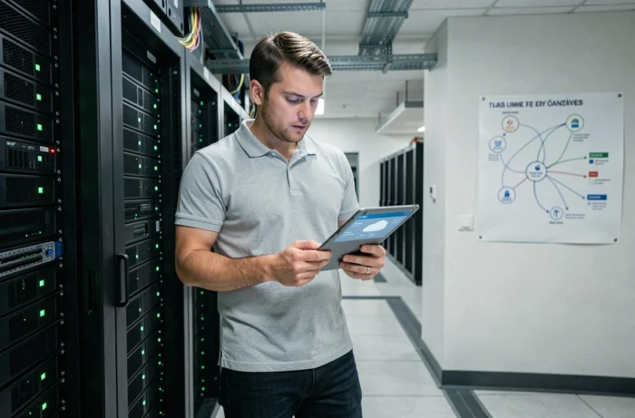 Technicien informatique municipal gérant les ressources numériques d'une collectivité locale dans une salle serveur