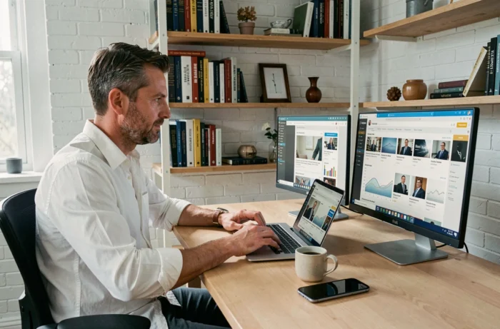 Homme en télétravail naviguant sur plusieurs onglets d'un site d'actualités business depuis son bureau à domicile avec deux écrans