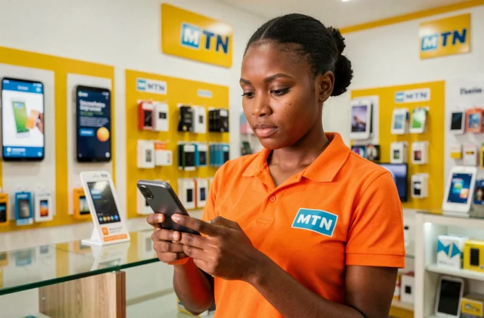 Jeune femme en polo MTN vérifiant son identification sur un smartphone dans une boutique MTN en Côte d'Ivoire