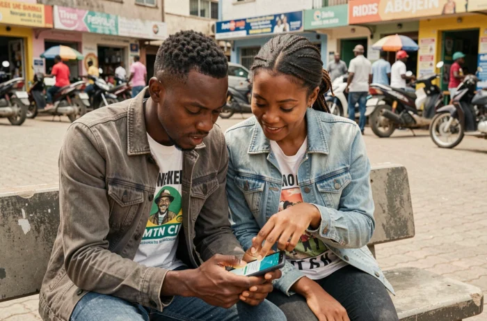 Deux jeunes ivoiriens consultant ensemble l'application MTN CI pour vérifier une identification en extérieur